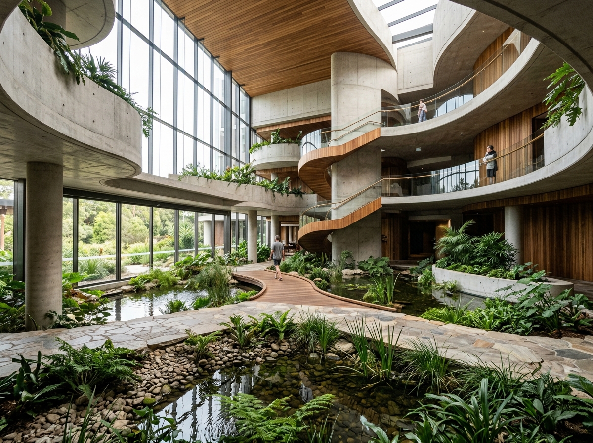 Light-filled hotel atrium with Australian materials