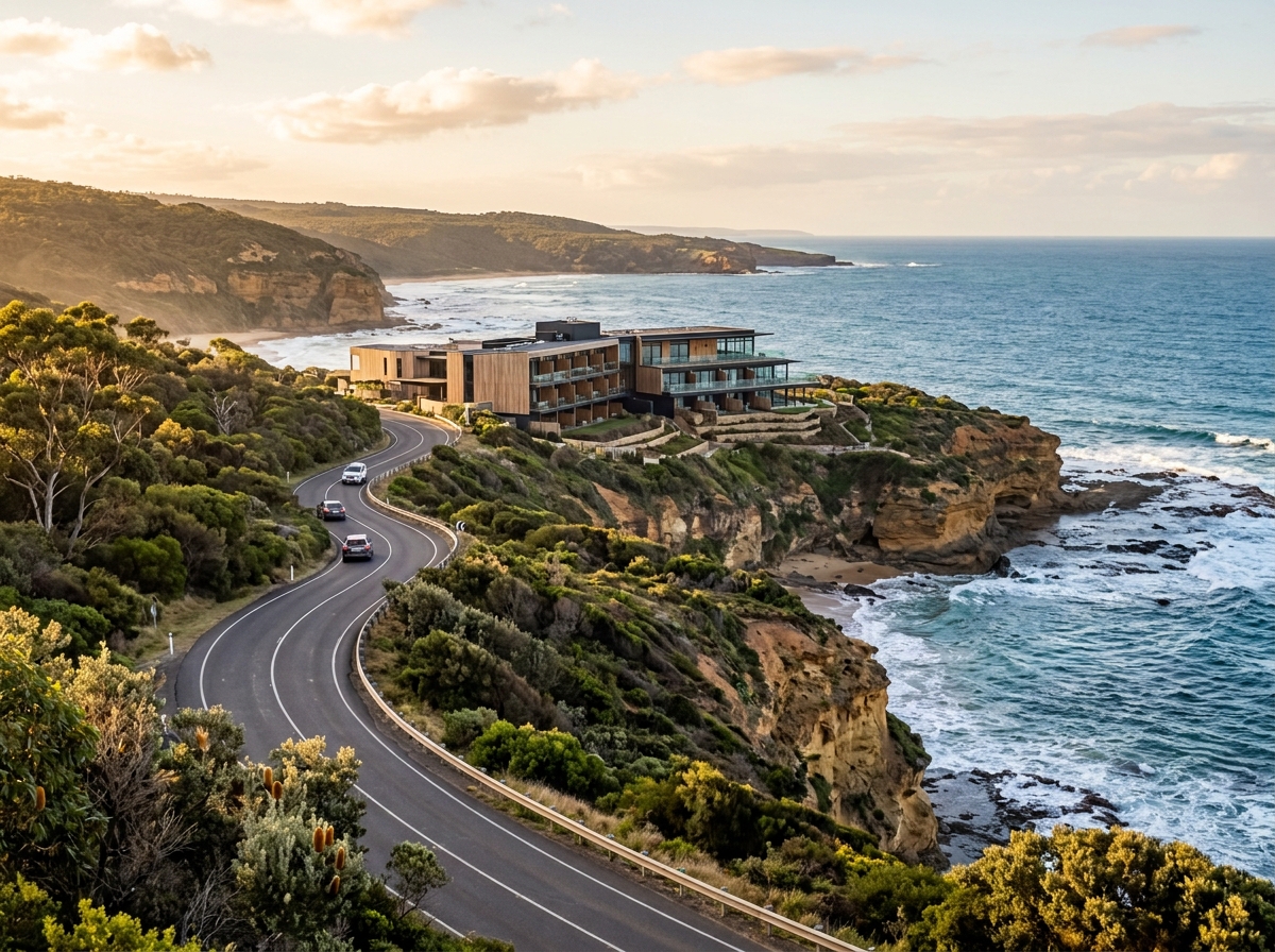 Scenic Australian road leading toward a coastal hotel