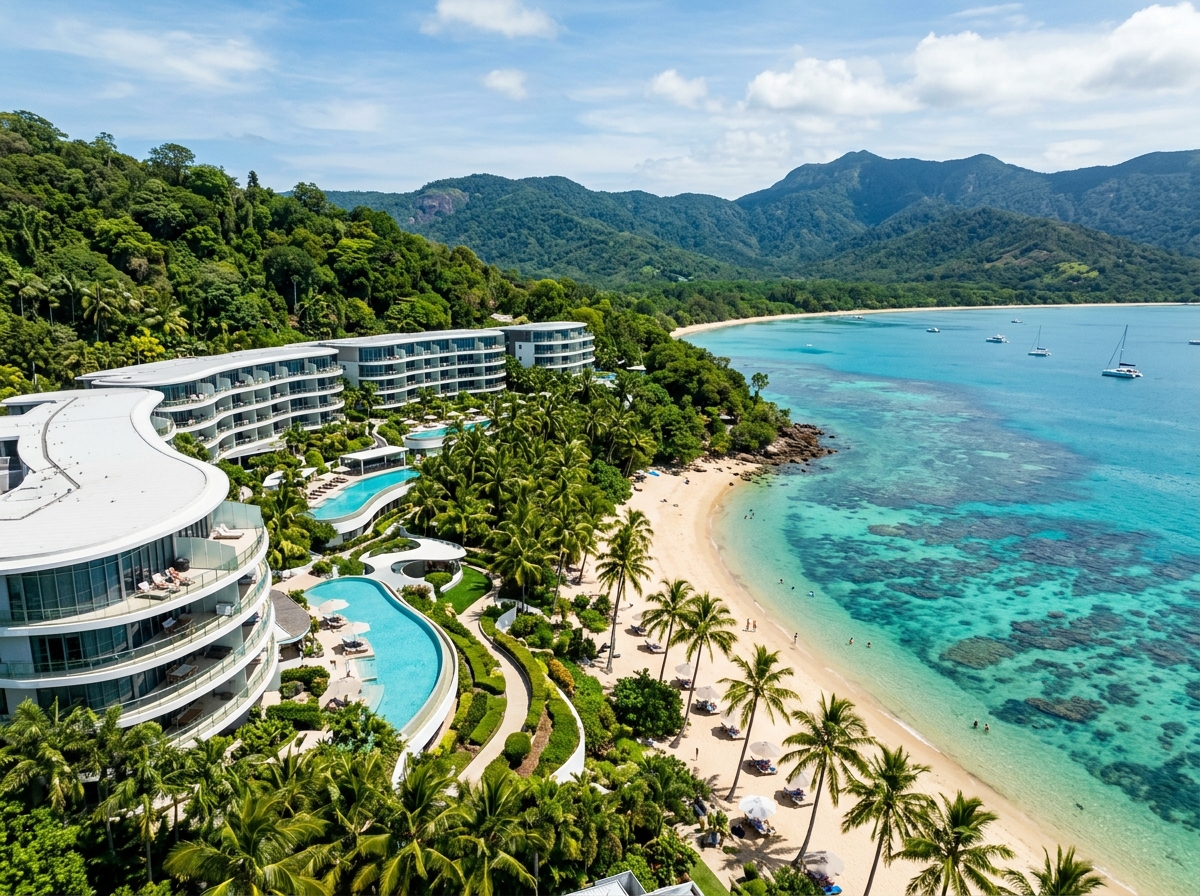 Tropical Cairns coastline and contemporary resort