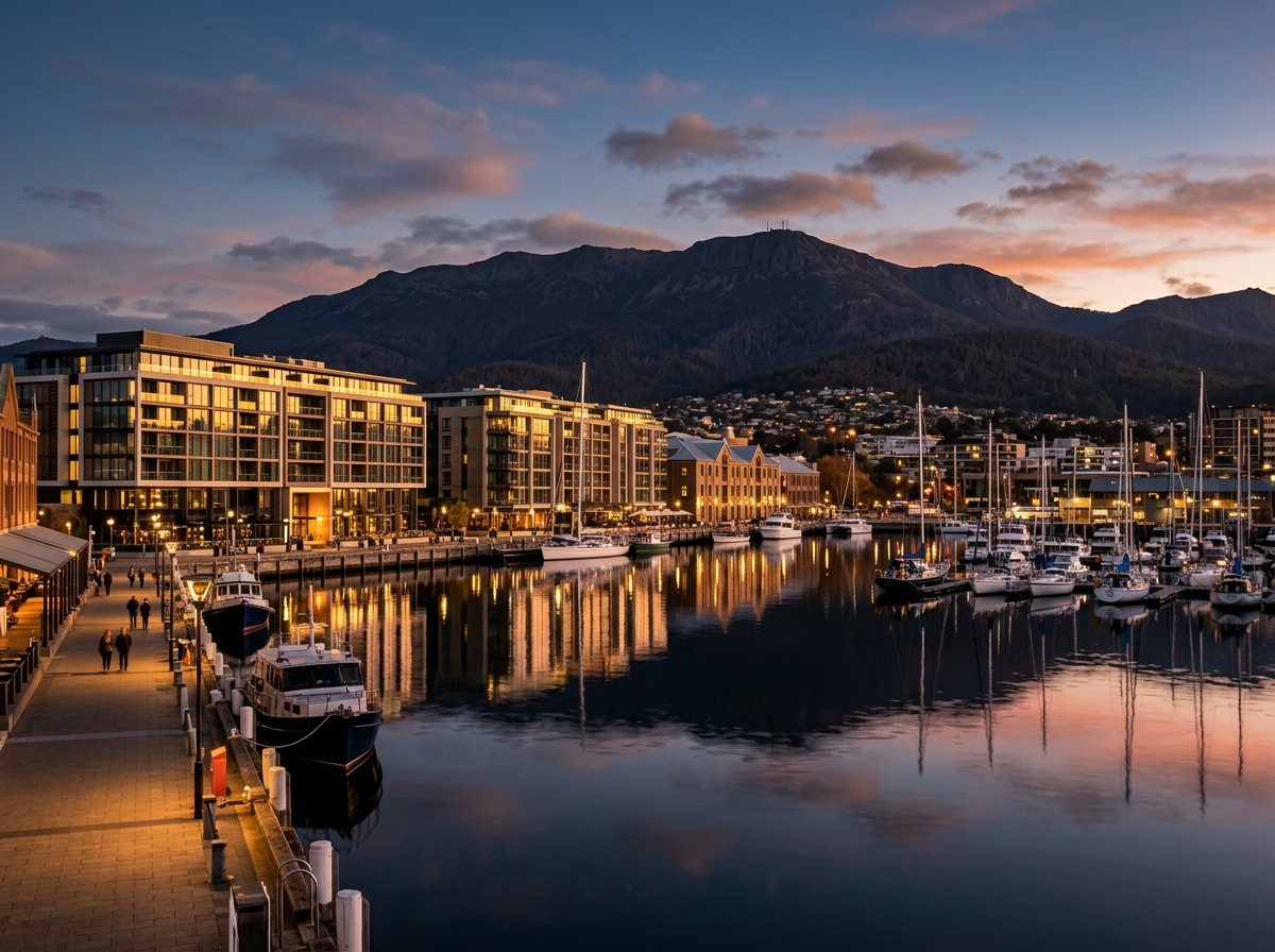 Hobart harbour hotel and waterfront evening