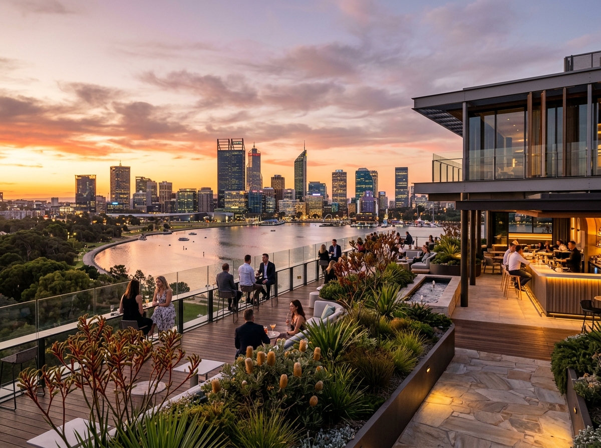 Perth skyline and rooftop hotel at sunset