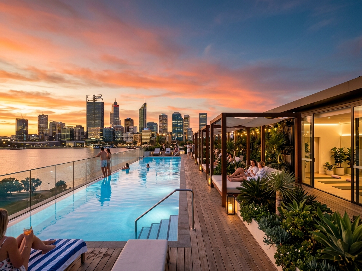 Rooftop Pool and Sunset Terrace at Golden Wattle Casino House