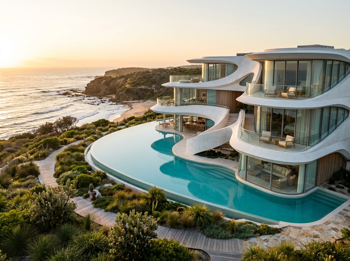 Curved Australian coastal hotel with native gardens