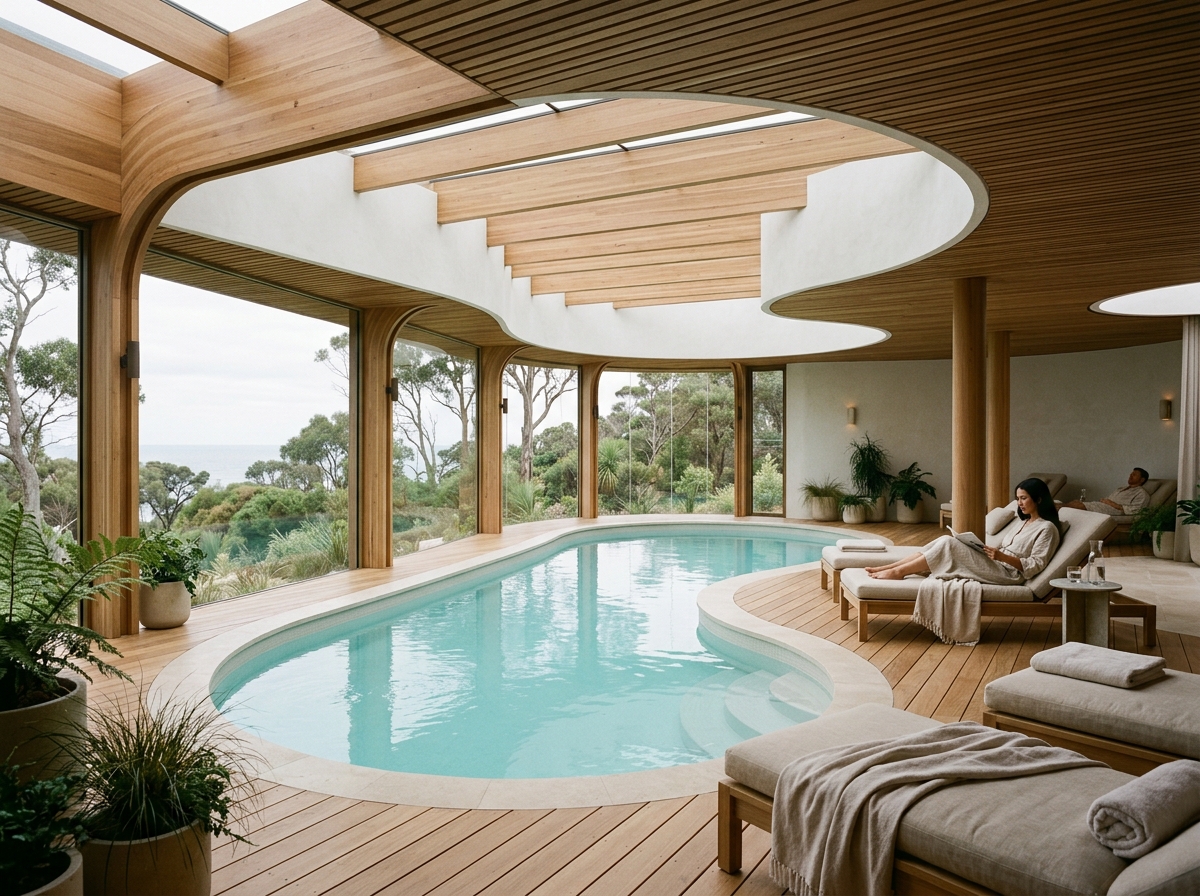 Calm hotel wellness lounge with pool and greenery